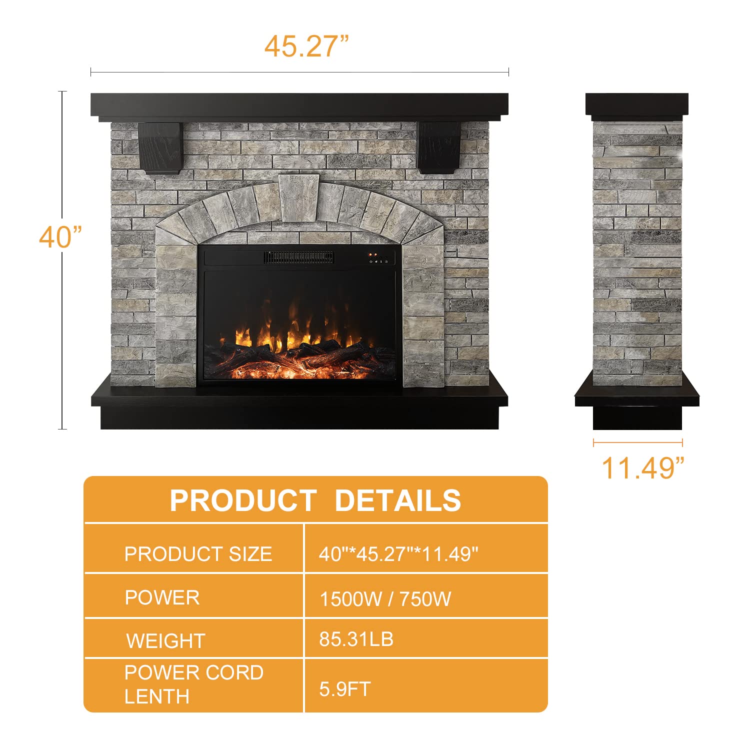 Cloud Mountain Electric Fireplace with Mantel, Tall Fire Place Heater Freestanding with Remote Control Timer LED Flame for Living Room Bedroom