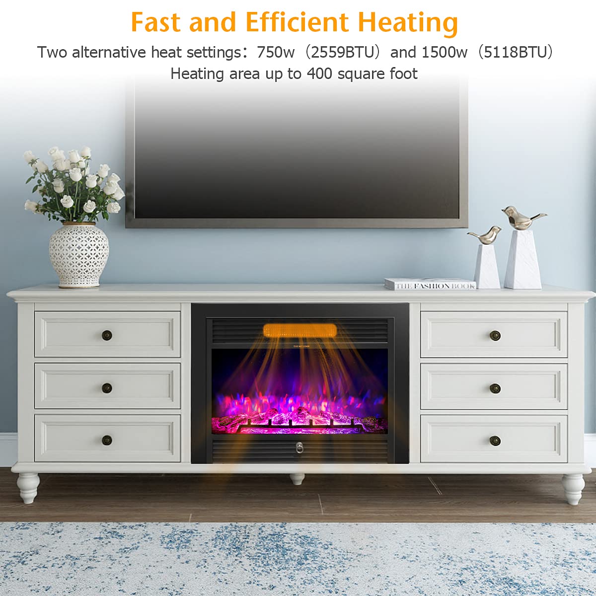 S AFSTAR 28.5 Inches Electric Fireplace Insert, 750W/1500W Recessed Electric Fireplace w/ 5-Level Flame Brightness & Overheat Protection, Electric Fireplace Heater for Wall Mounted & TV Cabinet