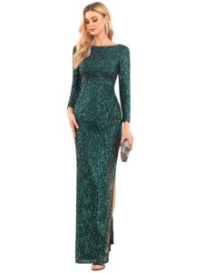 ever-pretty women's sparkle v back sequin bodycon long sleeves fall maxi formal gowns dark green us16