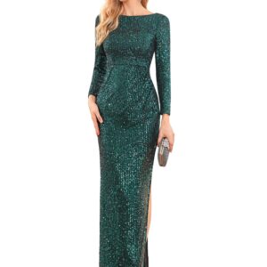 Ever-Pretty Women's Sparkle V Back Sequin Bodycon Long Sleeves Fall Maxi Formal Gowns Dark Green US16