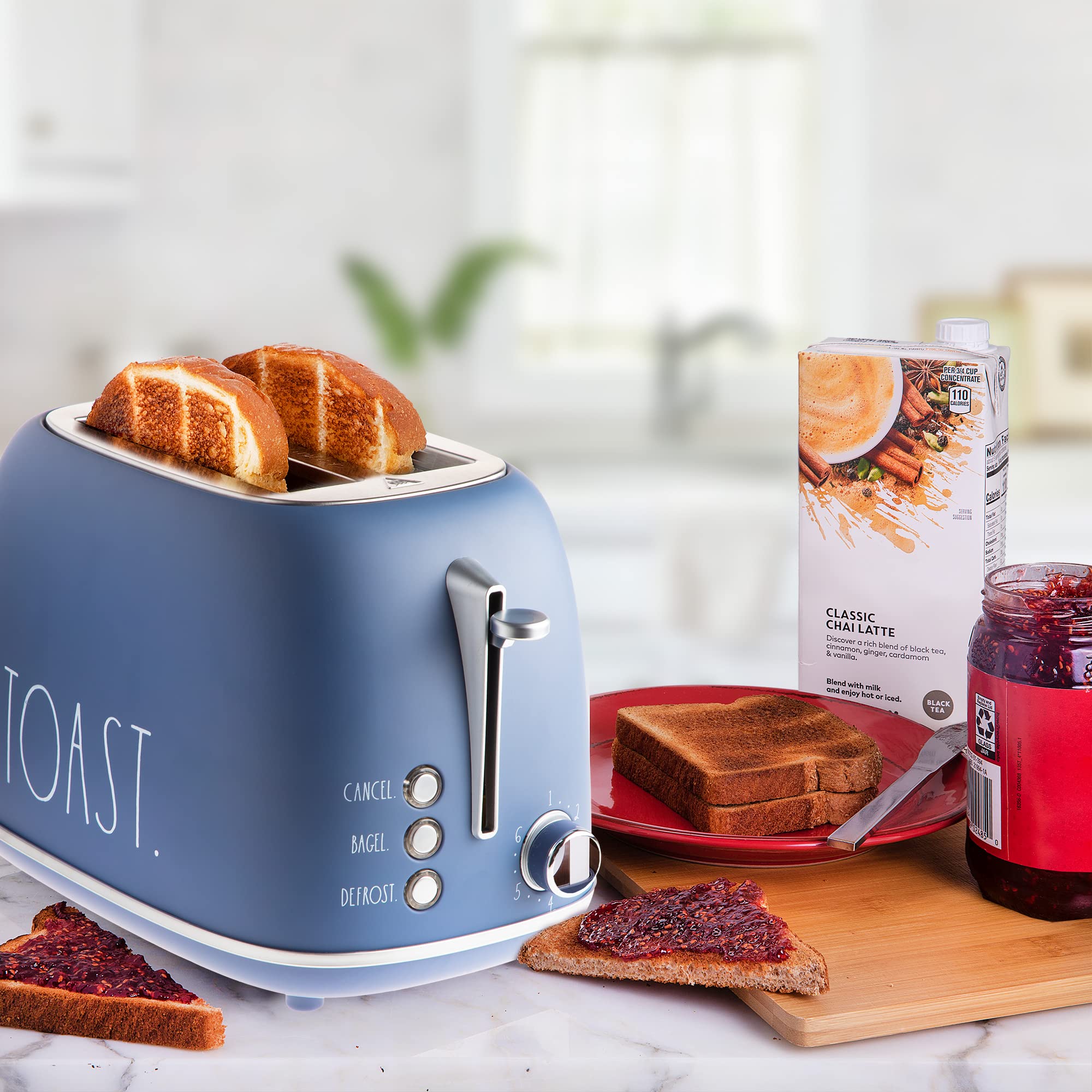 Rae Dunn Retro Rounded Bread Toaster, 2 Slice Stainless Steel Toaster with Removable Crumb Tray, Wide Slot with 6 Browning Levels, Bagel, Defrost and Cancel Options (Navy)