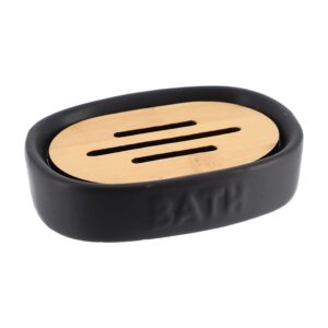 bath d soap dish cup dispenser black and bamboo tray
