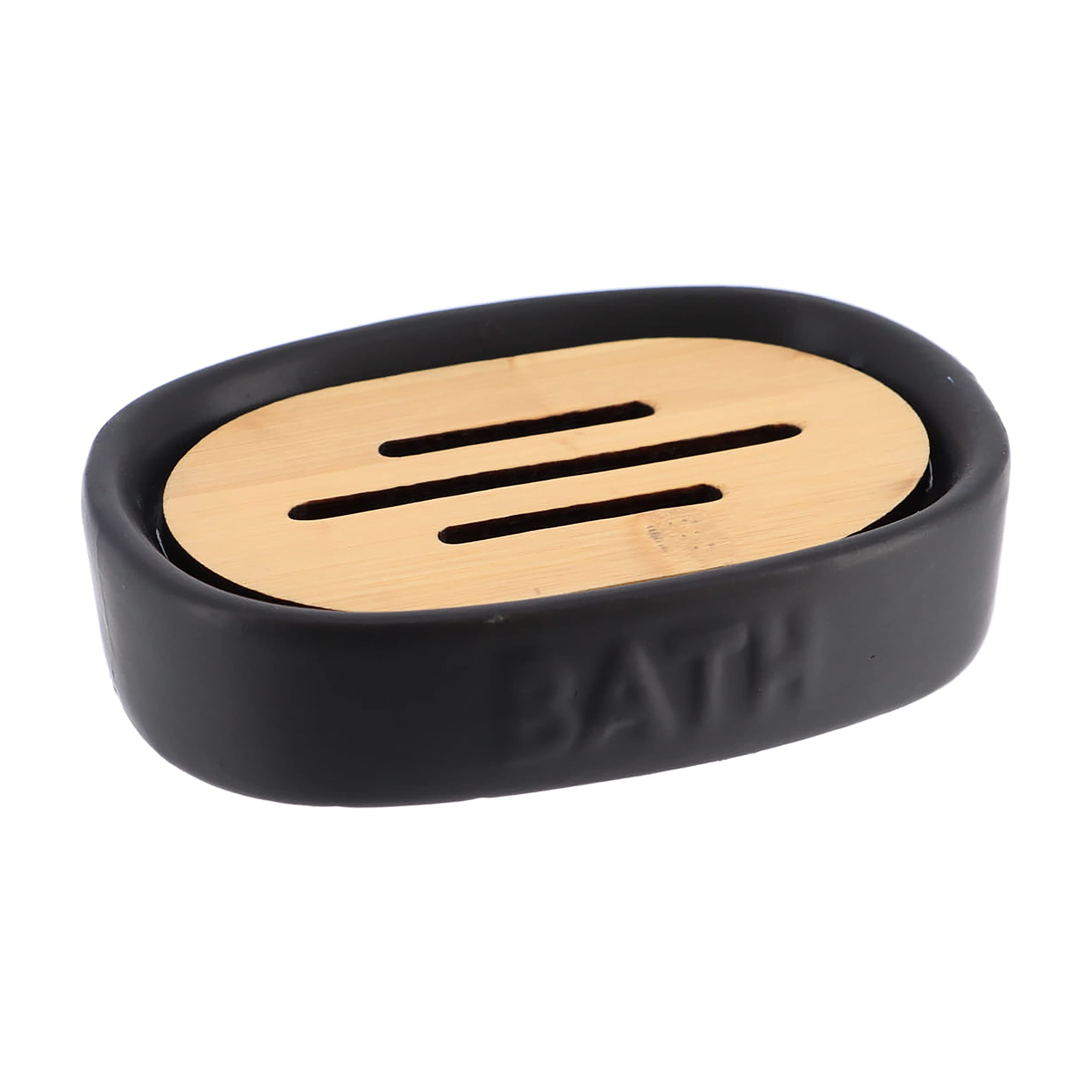 Bath D Soap Dish Cup Dispenser Black and Bamboo Tray