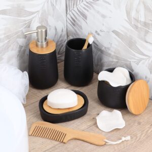 Bath D Soap Dish Cup Dispenser Black and Bamboo Tray