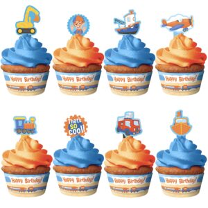 treasures gifted officially licensed blippi cupcake toppers & wrappers 24ct - blippi cake decorations - blippi excavator cupcake set - blippi birthday party supplies - blippi cake toppers