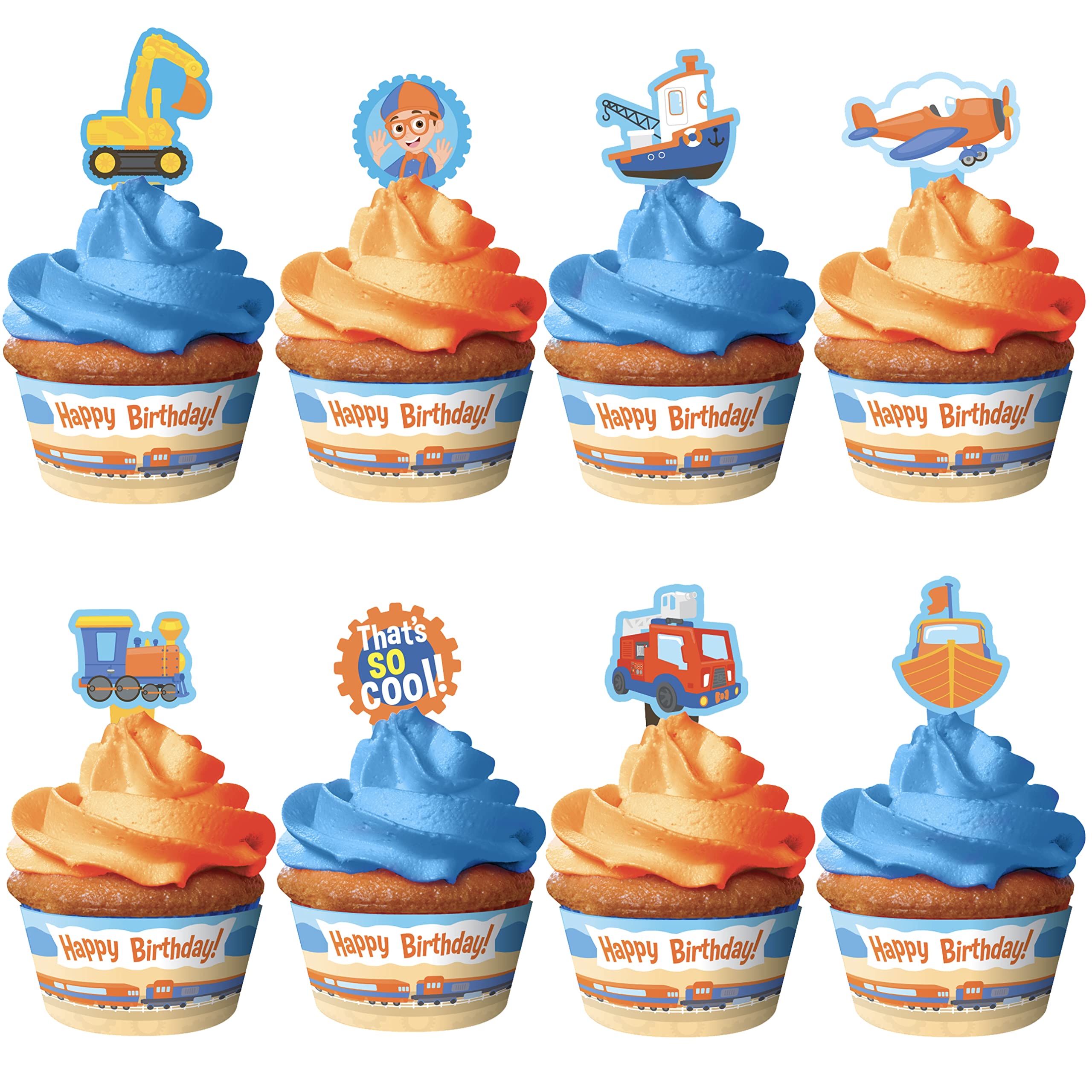 Treasures Gifted Officially Licensed Blippi Cupcake Toppers & Wrappers 24ct - Blippi Cake Decorations - Blippi Excavator Cupcake Set - Blippi Birthday Party Supplies - Blippi Cake Toppers