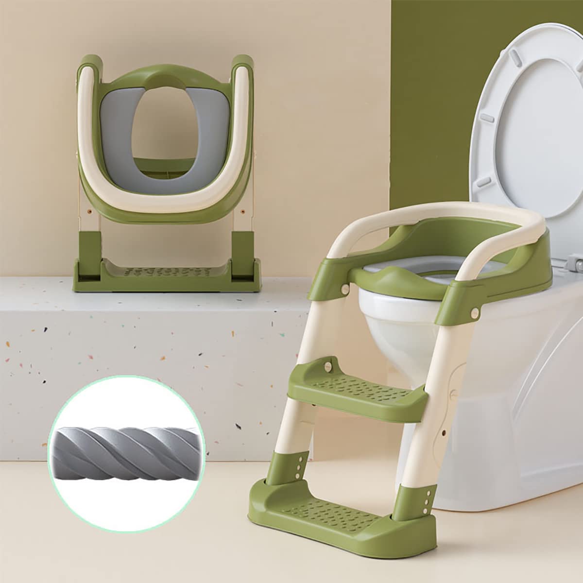 TOWRITE Foldable Toilet Training Potty Seat with Step Stool and Handles for Boys and Girls - Non-Slip Safe PU Cushion (Green)