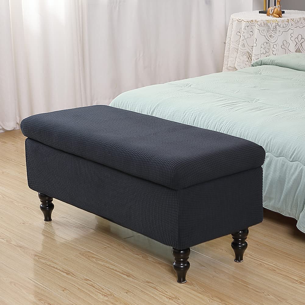 HFCNMY Storage Ottoman Cover,Stretch Rectangle Storage Bench Cover Knitted Jacquard Ottoman Covers Rectangle Folding Storage Bench Ottoman Cover Footrest Stool Slipcover Black Small