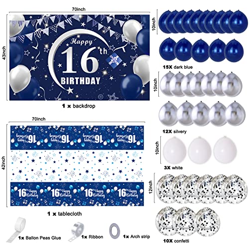 Navy Blue 16th Birthday Decorations for Boys and Girls, Happy 16th Birthday Backdrop, Tablecloth, Balloons Garland Arch Kit - 16th Birthday Banner Party Supplies Bday Decor for Sweet 16 Year Old Teen