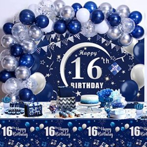 navy blue 16th birthday decorations for boys and girls, happy 16th birthday backdrop, tablecloth, balloons garland arch kit - 16th birthday banner party supplies bday decor for sweet 16 year old teen
