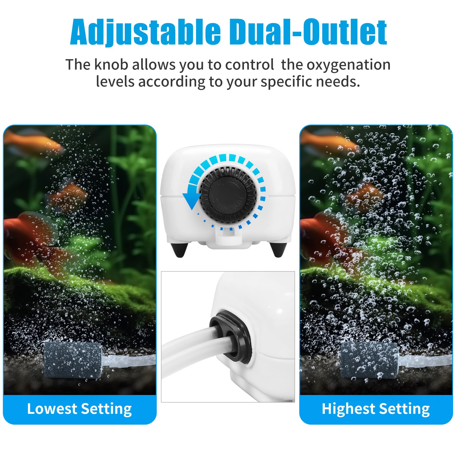 AQUANEAT Aquarium Air Pump, 100gal Fish Tank Air Bubbler, Adjustable Dual-Outlet Hydroponic Oxygen Aerator with Air Stones, Airline Tubing, Check Valves
