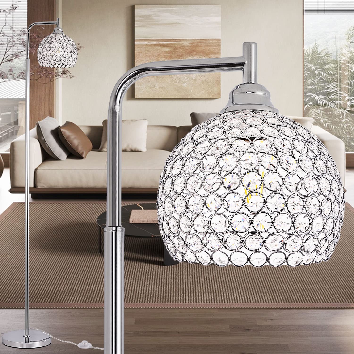 Trssdre Spherical Crystal Floor Lamp, Modern Chrome Finish Floor Lamp, Standing Light with Crystal Lamp Shade for Living Room, Bedroom, Dining Room, Office, E26 Base, LED Bulb Included