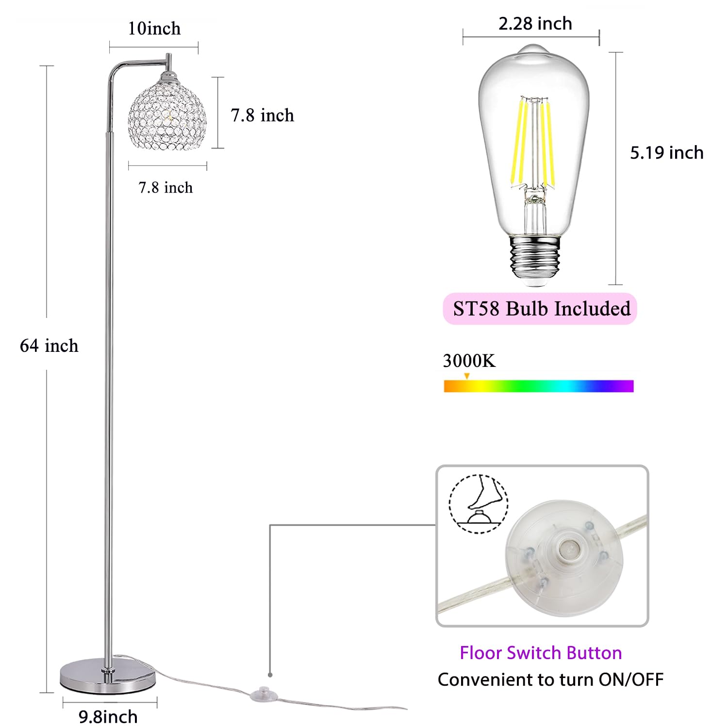 Trssdre Spherical Crystal Floor Lamp, Modern Chrome Finish Floor Lamp, Standing Light with Crystal Lamp Shade for Living Room, Bedroom, Dining Room, Office, E26 Base, LED Bulb Included