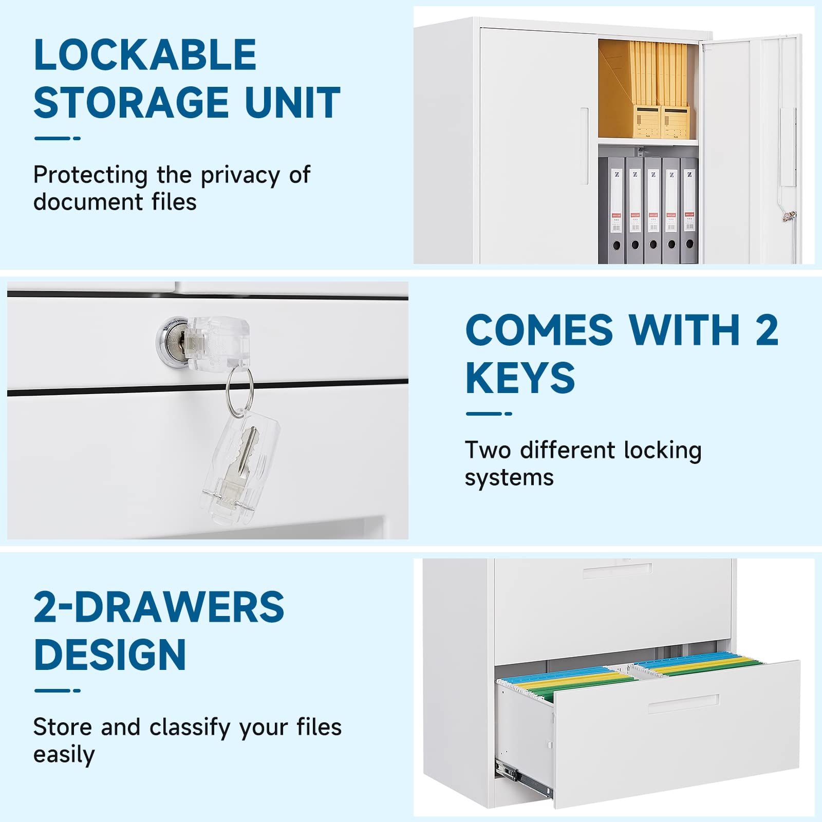 PEUKC 2-Drawer Metal File Cabinet, Lateral Vertical Filing Cabinets for Home Office, Locking File Cabinet with Storage Shelves, Legal/Letter/A4 Size Office File Cabinet, (White, Assemble Required)