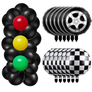 66 pcs car party decorations inflatable tires traffic light balloons party supplies include foil checkered balloons, tire balloons, glue, chain, birthday party decorations fit for boys race fans