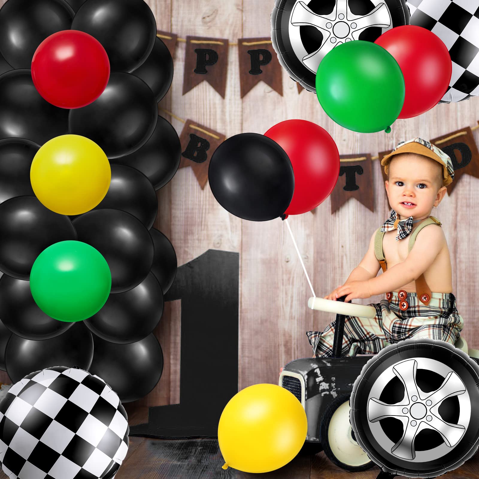 66 Pcs Car Party Decorations Inflatable Tires Traffic Light Balloons Party Supplies Include Foil Checkered Balloons, Tire Balloons, Glue, Chain, Birthday Party Decorations Fit for Boys Race Fans