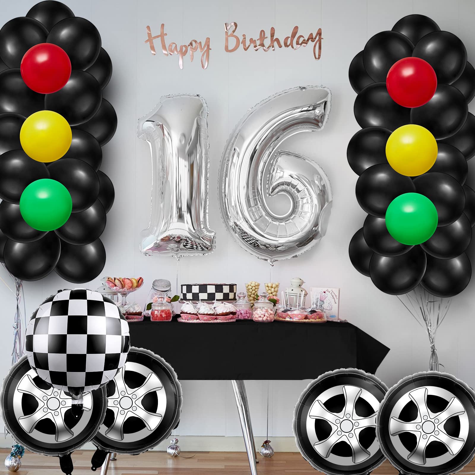 66 Pcs Car Party Decorations Inflatable Tires Traffic Light Balloons Party Supplies Include Foil Checkered Balloons, Tire Balloons, Glue, Chain, Birthday Party Decorations Fit for Boys Race Fans