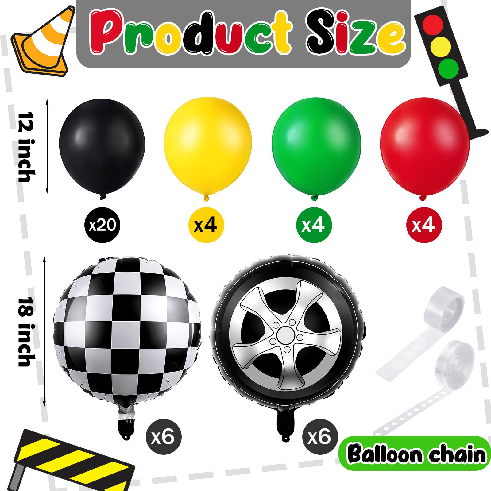 66 Pcs Car Party Decorations Inflatable Tires Traffic Light Balloons Party Supplies Include Foil Checkered Balloons, Tire Balloons, Glue, Chain, Birthday Party Decorations Fit for Boys Race Fans