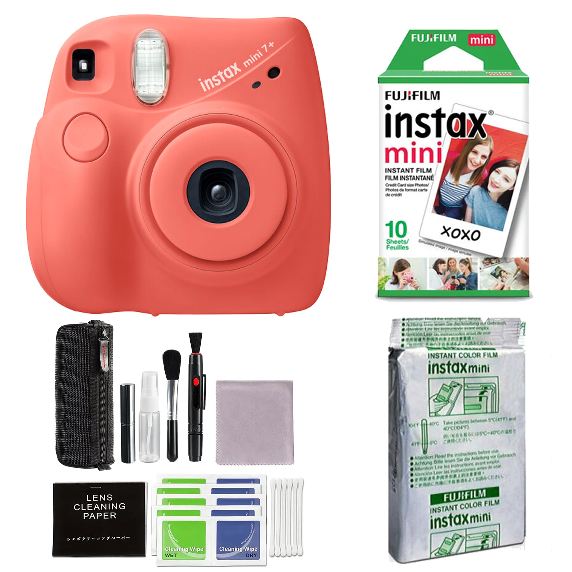 Fujifilm Instax Mini 7+ Instant Camera (Coral) Accessory Kit with Instax Mini Film, Instax Mini Instant Film Foil Pack & Pixel Cleaning Kit