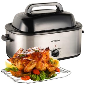 26 quart electric roaster oven, turkey roaster with viewing lid, large stainless steel roaster oven silver