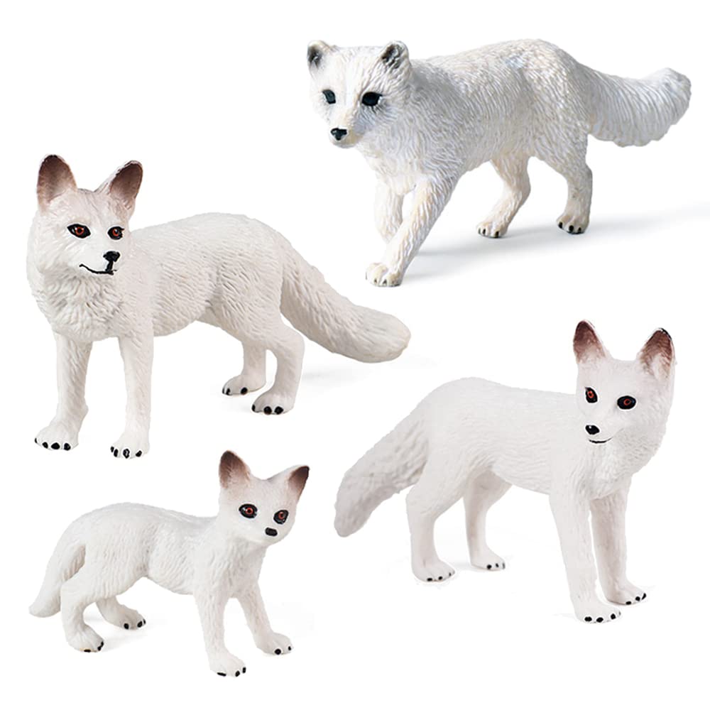 Bbiamsleep 4 Pieces White Fox Animal Figures Mini Animals Set Realistic Arctic Fox Family Figurines for Cake Topper Party Favors Christmas Birthday Supplies