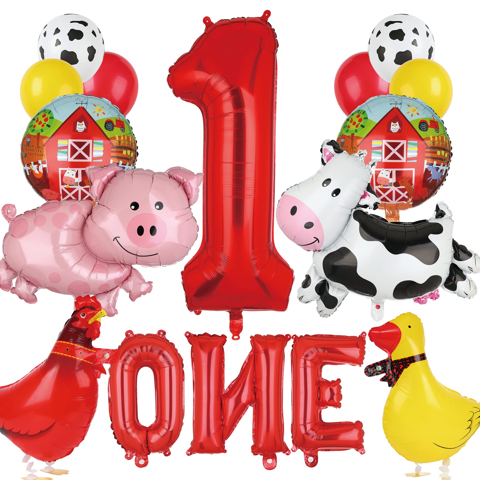 Farm Animal Balloons Cow Pig Balloon Farm Animal Theme 1st Birthday Party Decor Supplies Walking Animal Balloons Duck Rooster Large Number 1 Balloon ONE Letter Banner Balloon 14 Pcs