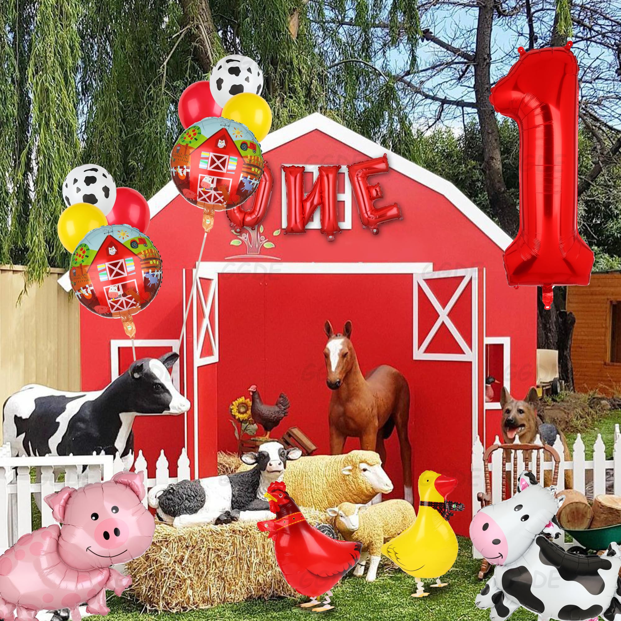 Farm Animal Balloons Cow Pig Balloon Farm Animal Theme 1st Birthday Party Decor Supplies Walking Animal Balloons Duck Rooster Large Number 1 Balloon ONE Letter Banner Balloon 14 Pcs