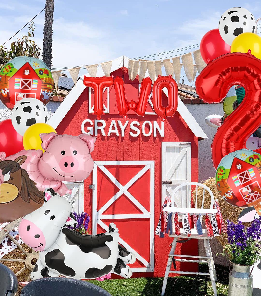 Farm Animal Balloons Cow Pig Balloon Farm Animal Theme 2nd Birthday Party Decor Supplies Walking Animal Balloons Duck Rooster Large Number 2 Balloon TWO Letter Banner Balloon 14 Pcs