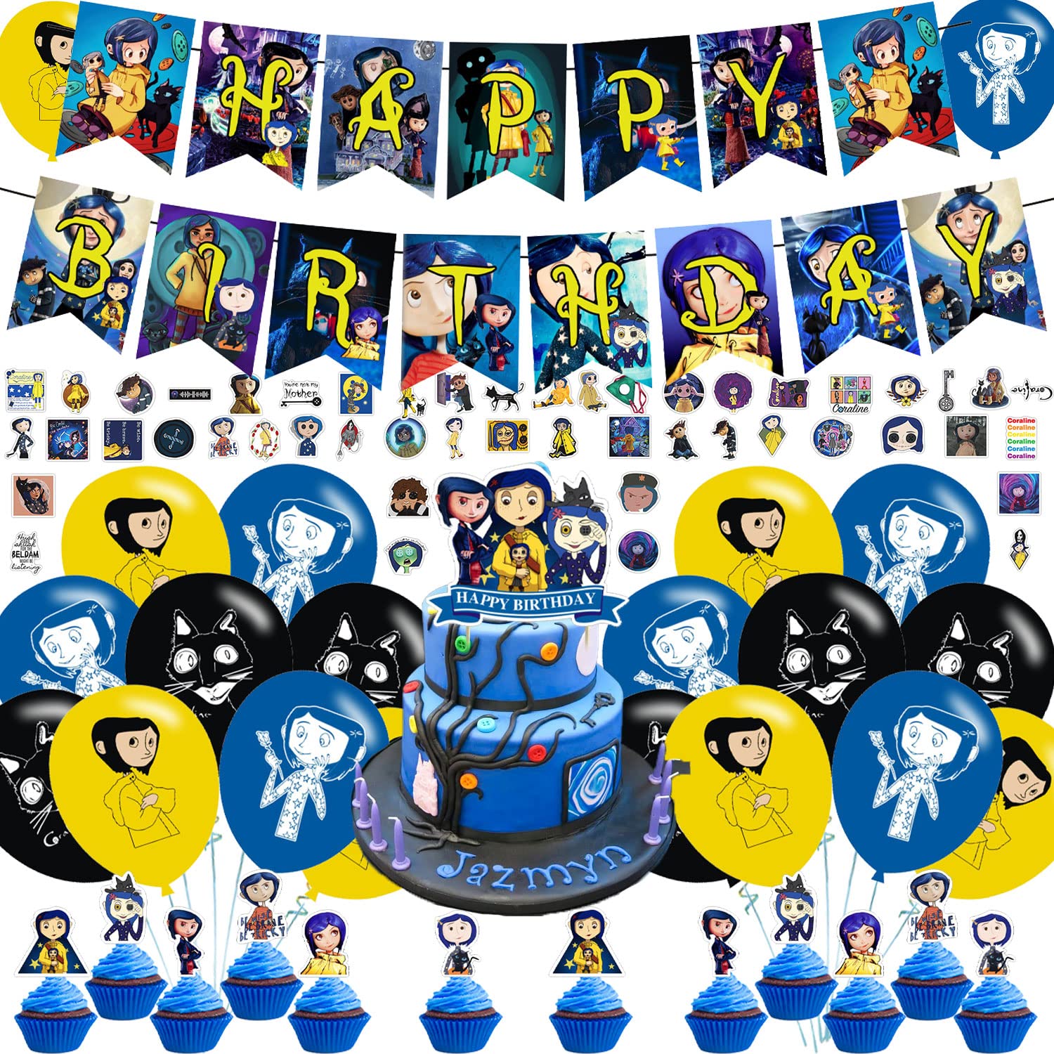 Coraline Party Decorations,Birthday Party Supplies For Halloween Coraline Party Supplies Includes Banner - Cake Topper - 12 Cupcake Toppers - 18 Balloons - 50 Coraline Stickers