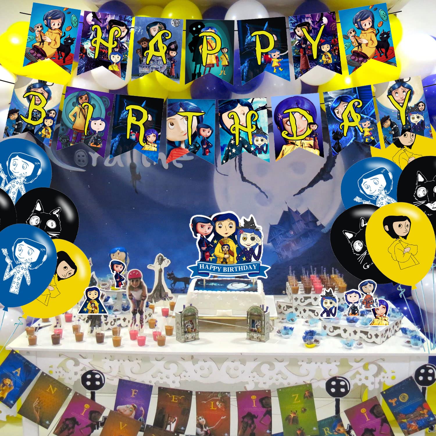 Coraline Party Decorations,Birthday Party Supplies For Halloween Coraline Party Supplies Includes Banner - Cake Topper - 12 Cupcake Toppers - 18 Balloons - 50 Coraline Stickers