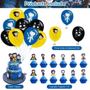 Coraline Party Decorations,Birthday Party Supplies For Halloween Coraline Party Supplies Includes Banner - Cake Topper - 12 Cupcake Toppers - 18 Balloons - 50 Coraline Stickers