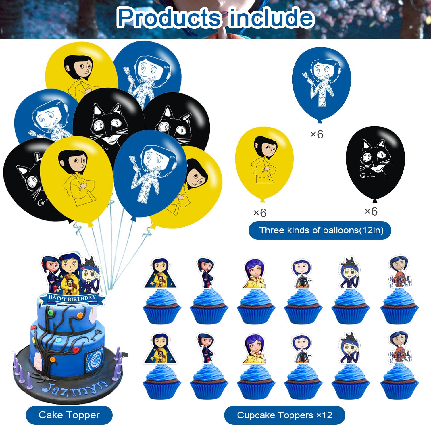 Coraline Party Decorations,Birthday Party Supplies For Halloween Coraline Party Supplies Includes Banner - Cake Topper - 12 Cupcake Toppers - 18 Balloons - 50 Coraline Stickers