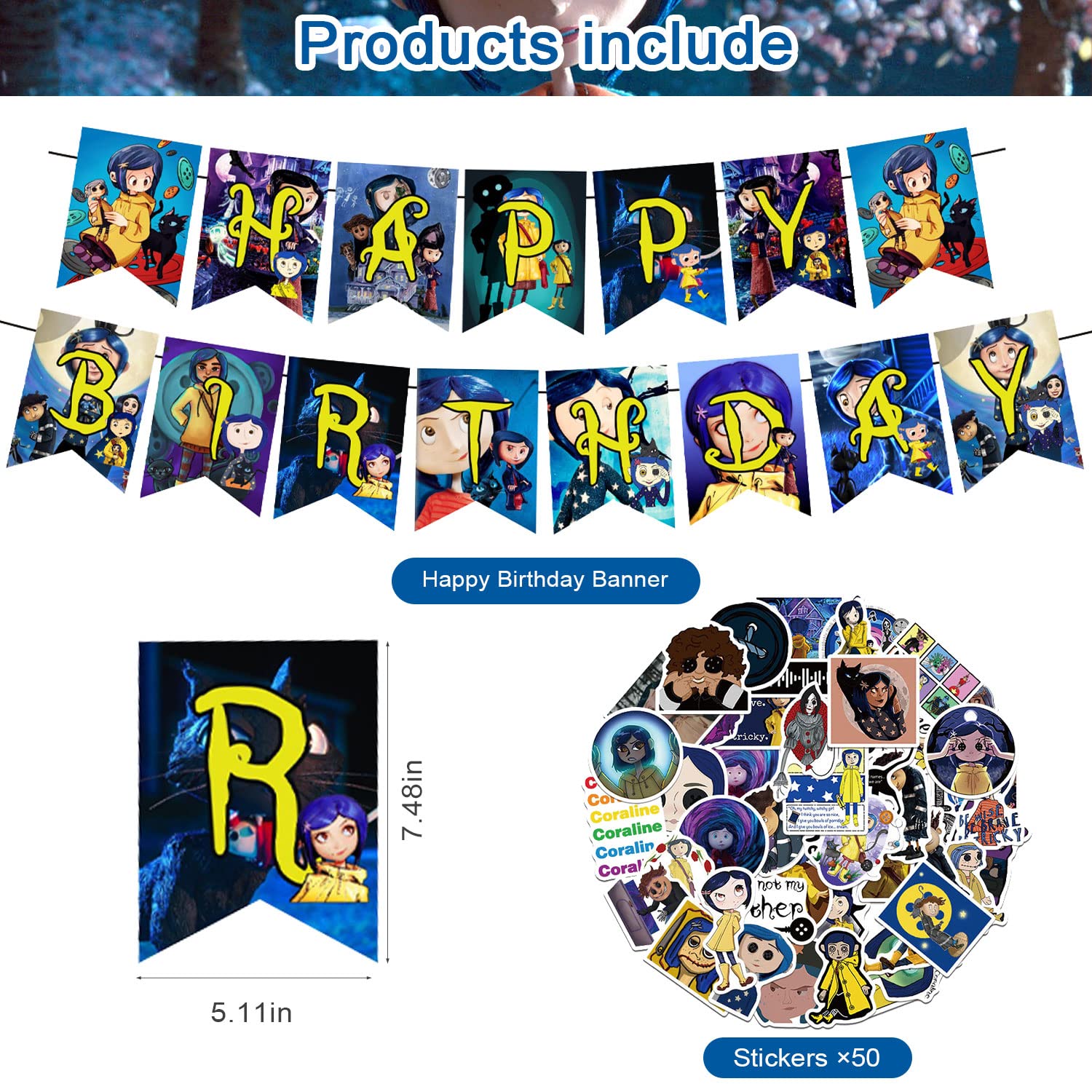 Coraline Party Decorations,Birthday Party Supplies For Halloween Coraline Party Supplies Includes Banner - Cake Topper - 12 Cupcake Toppers - 18 Balloons - 50 Coraline Stickers