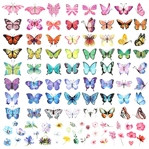100pcs Temporary Butterfly Tattoos, Colorful Small Butterfly Flowers Tattoo Stickers Waterproof Cute Small Tattoos for Adults Kids Face Body Birthday Party Carnival