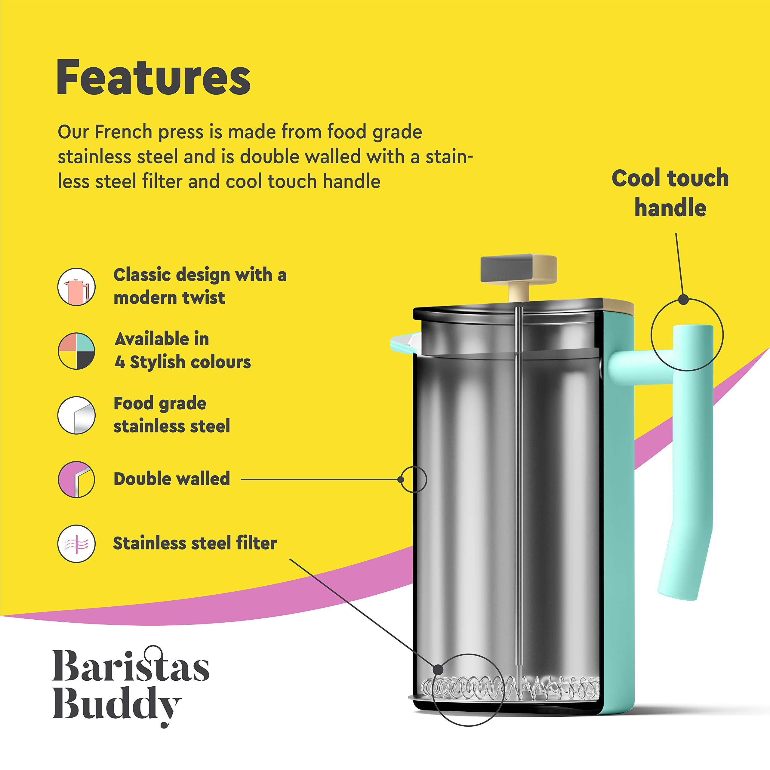 BaristasBuddy Stainless Steel French Press Coffee Maker - Insulated Brewer For Home, Camping Or Travel - Large 34oz Capacity
