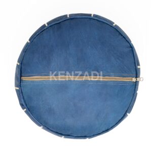 KENZADI Genuine Leather Ottoman Pouf Cover Hand Stitched in Marrakech by Moroccan Artisans, Footstool, UNSTUFFED (Blue Jean by White)