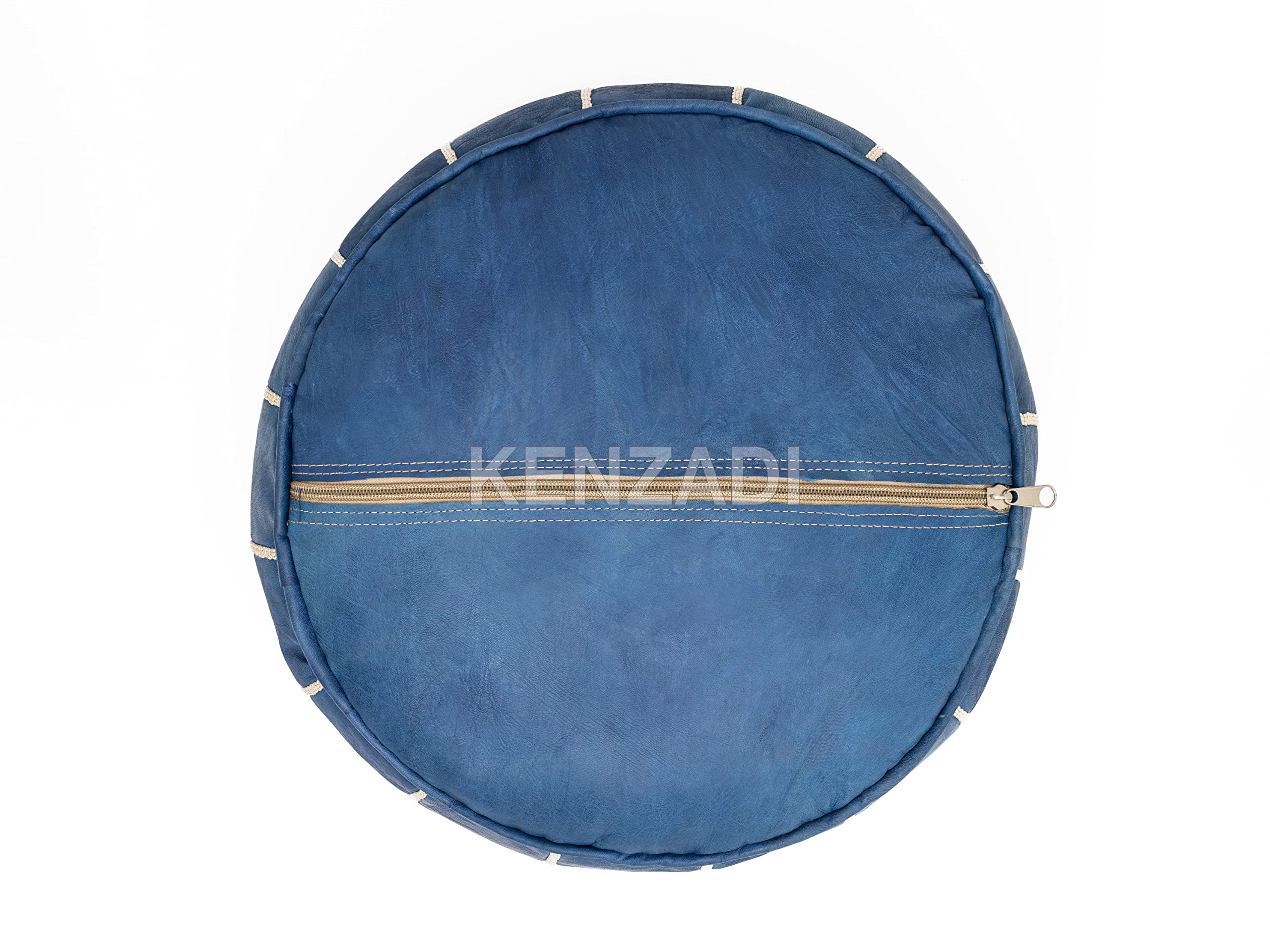 KENZADI Genuine Leather Ottoman Pouf Cover Hand Stitched in Marrakech by Moroccan Artisans, Footstool, UNSTUFFED (Blue Jean by White)