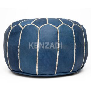 KENZADI Genuine Leather Ottoman Pouf Cover Hand Stitched in Marrakech by Moroccan Artisans, Footstool, UNSTUFFED (Blue Jean by White)