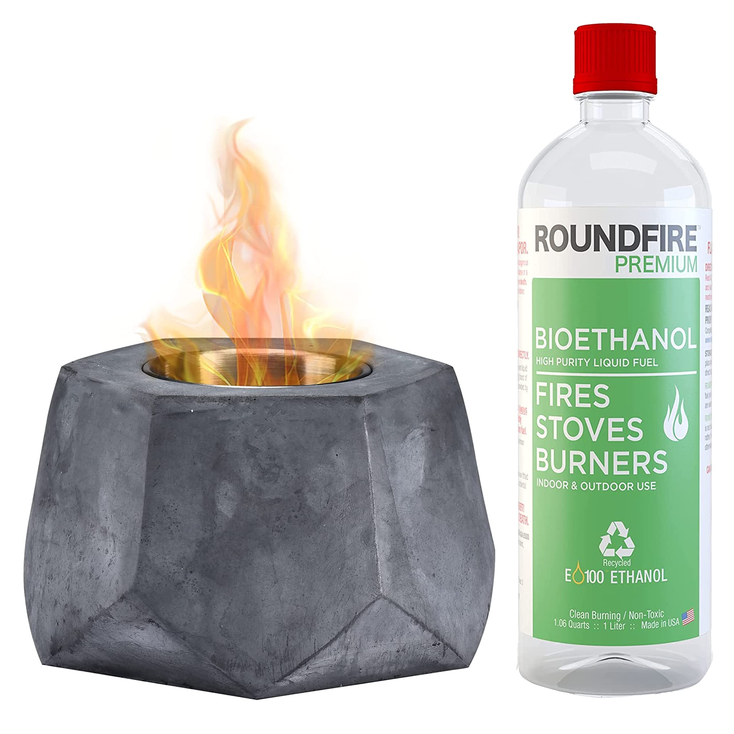 ROUNDFIRE Faceted Concrete Tabletop Fire Pit with 1 x Liter Premium Ethanol Fuel - Fire Bowl, Portable Fire Pit, Small Personal Fireplace for Indoor and Garden Use