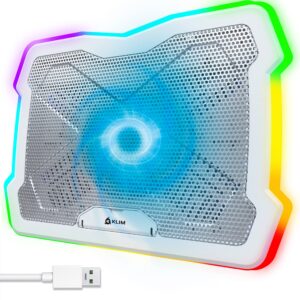 klim ultimate + rgb laptop cooling pad with led rim + new 2024 + gaming laptop cooler + usb powered fan + very stable and silent laptop stand + compatible up to 17" + pc mac ps5 ps4 xbox one - white