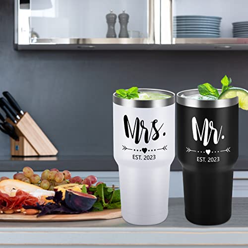 Gtmileo Mr and Mrs Gifts, Mr and Mrs EST 2023 Stainless Steel Insulated Tumbler Set, Wedding Gifts for Couples Newlyweds Bride To Be, Bridal Shower Gift Anniversary Wedding Registry(30oz, Black&White)