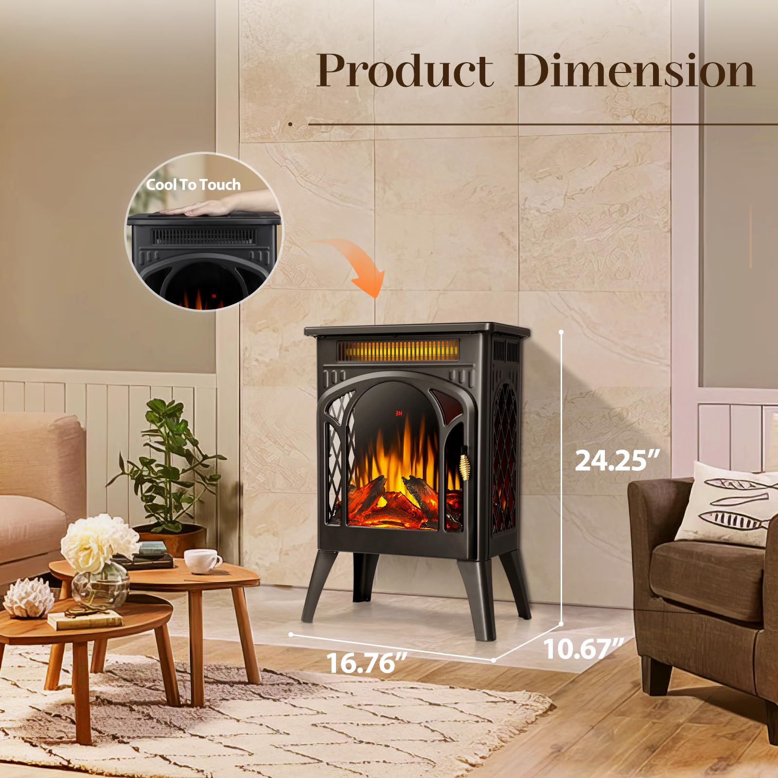 Crzoe Electric Fireplace Stove,1500W Infrared Electric Fireplace Heater with 3D Realistic Flame,Freestanding Fireplace Heater with Remote Control for Small Spaces