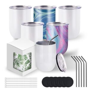 bettersub 6 sets 12oz sublimation blanks wine tumblers straight, double wall insulated stainless steel tumblers bulk stemless wine tumbler cup with lid, metal straw, brush, display box, white