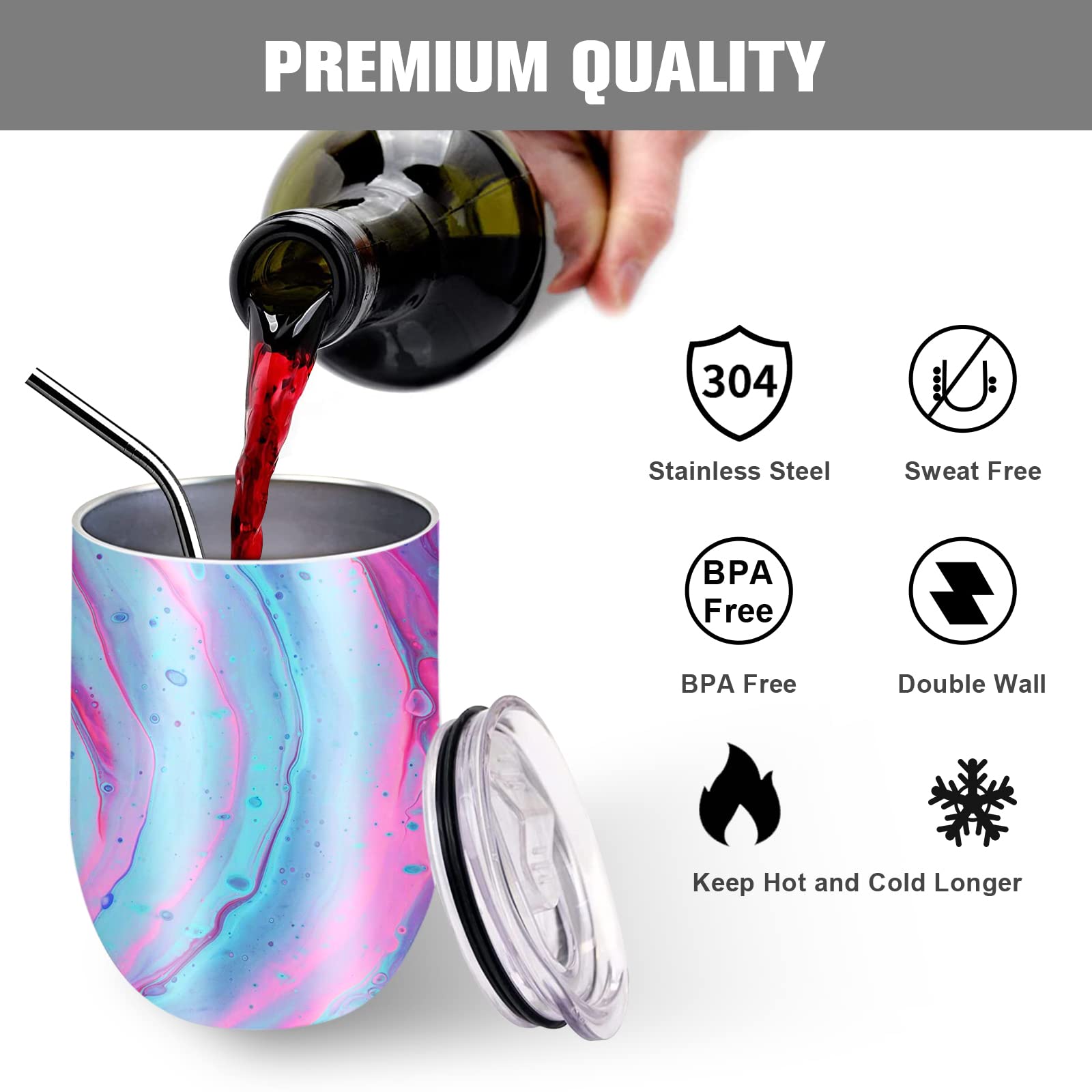 BetterSub 6 Sets 12oz Sublimation Blanks Wine Tumblers Straight, Double Wall Insulated Stainless Steel Tumblers Bulk Stemless Wine Tumbler Cup with Lid, Metal Straw, Brush, Display Box, White