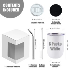 BetterSub 6 Sets 12oz Sublimation Blanks Wine Tumblers Straight, Double Wall Insulated Stainless Steel Tumblers Bulk Stemless Wine Tumbler Cup with Lid, Metal Straw, Brush, Display Box, White