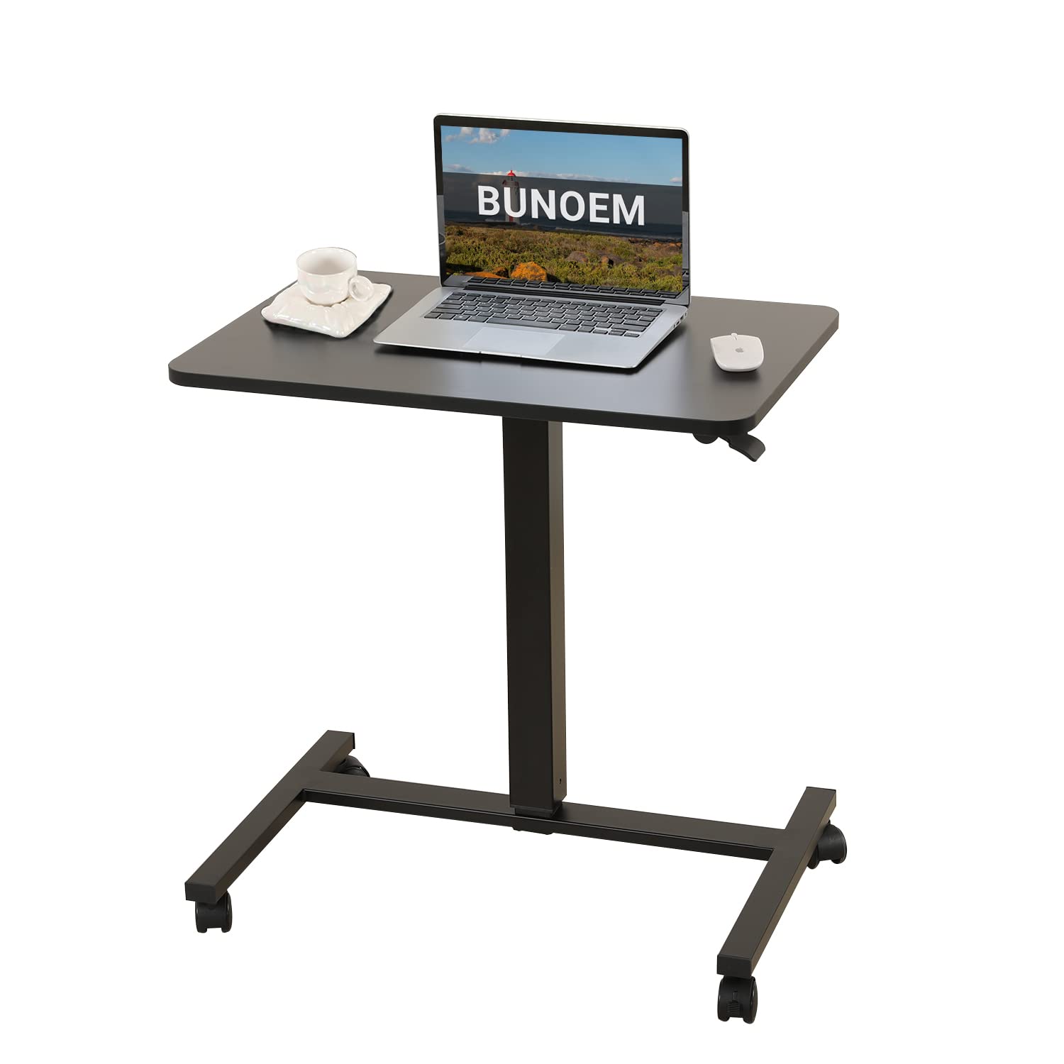 Mobile Standing Desk, 28x20 Pneumatic Laptop Height Adjustable Sit to Stand Table with Lockable Wheels and Gas Spring Riser (Black)