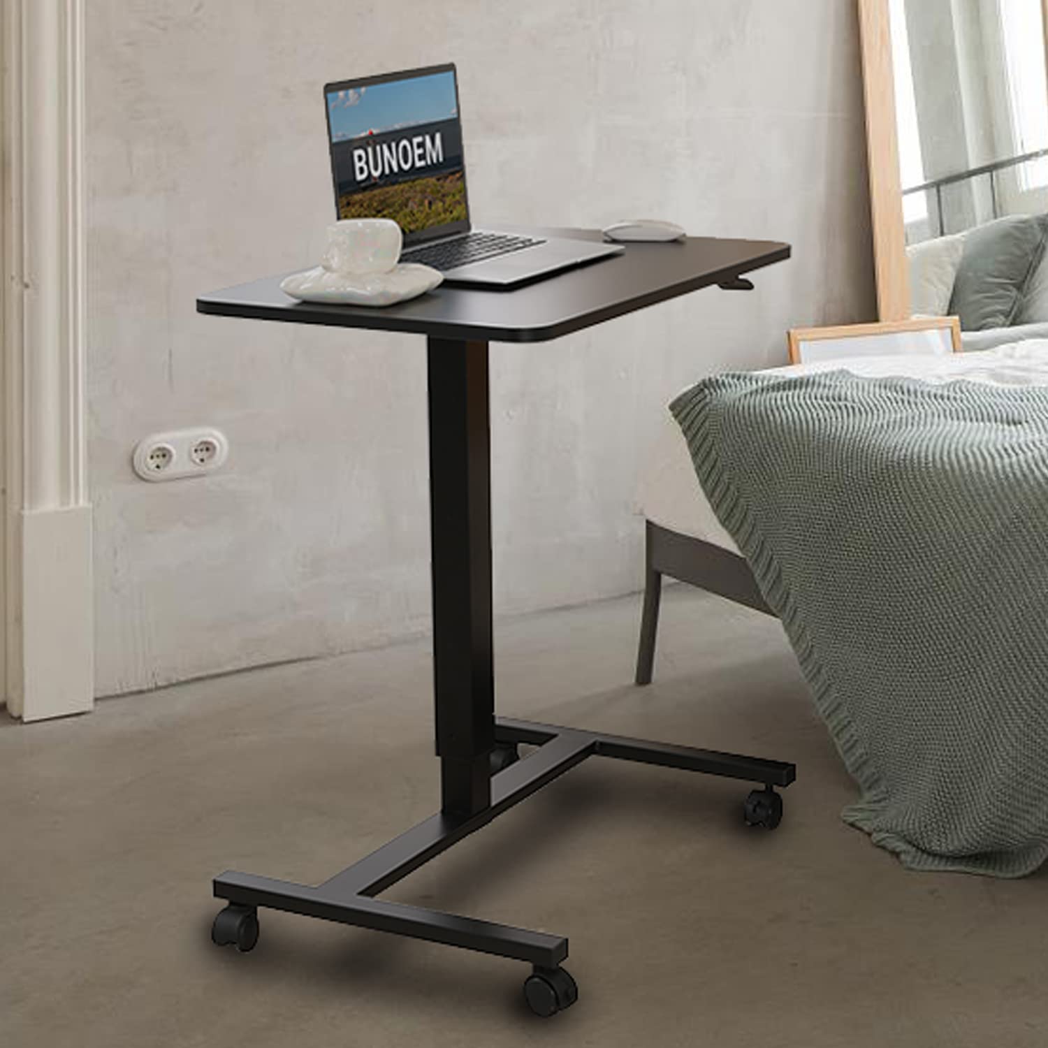 Mobile Standing Desk, 28x20 Pneumatic Laptop Height Adjustable Sit to Stand Table with Lockable Wheels and Gas Spring Riser (Black)