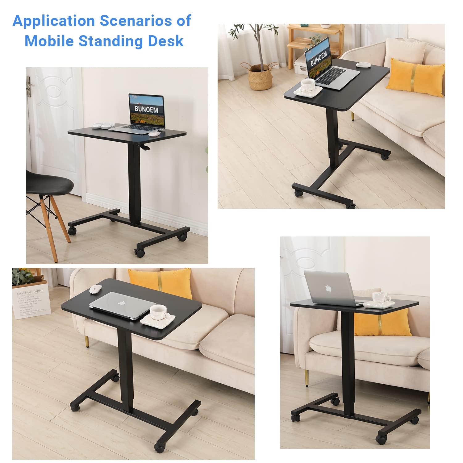 Mobile Standing Desk, 28x20 Pneumatic Laptop Height Adjustable Sit to Stand Table with Lockable Wheels and Gas Spring Riser (Black)