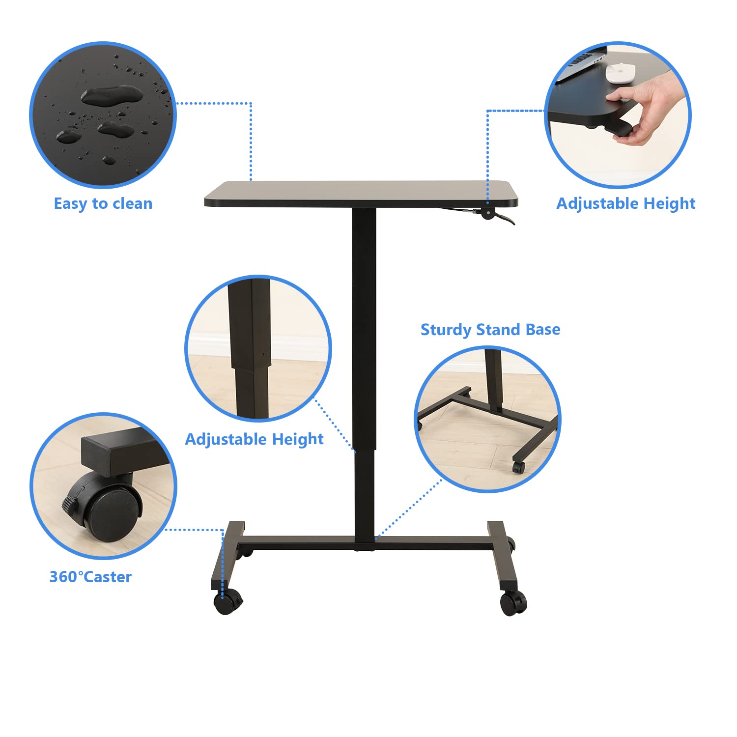 Mobile Standing Desk, 28x20 Pneumatic Laptop Height Adjustable Sit to Stand Table with Lockable Wheels and Gas Spring Riser (Black)