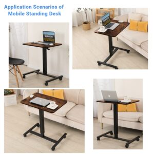 Mobile Standing Desk, 28x20 Pneumatic Laptop Height Adjustable Sit to Stand Table with Lockable Wheels and Gas Spring Riser (Rustic Brown)